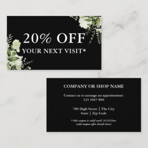 Elegant Watercolor Greenery Floral Black And White Discount Card