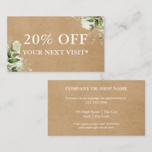 Elegant Watercolor Greenery Floral Rustic Kraft Discount Card