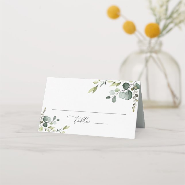 Elegant Watercolor Greenery Folded Place Card (Front)