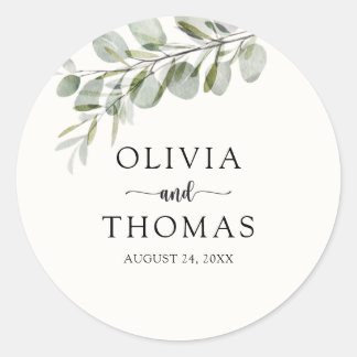 Elegant Watercolor Greenery Foliage Wedding  Classic Round Sticker