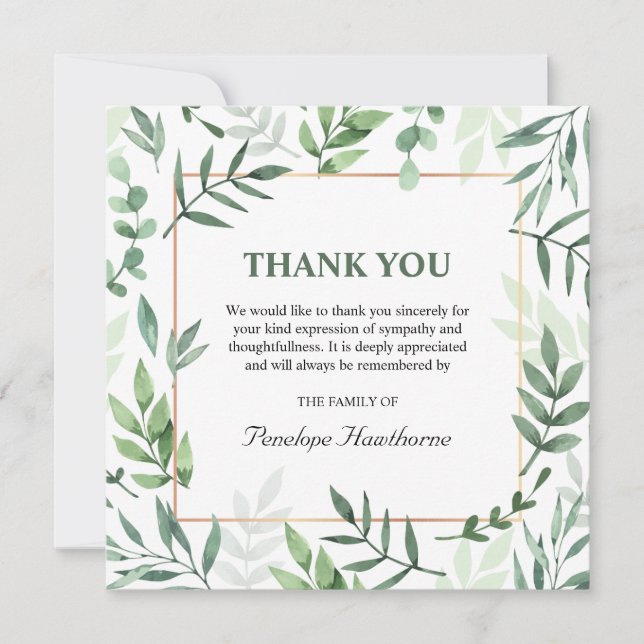 Elegant Watercolor Greenery Funeral Thank You Card (Front)