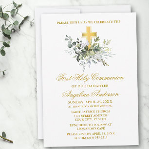 Elegant Watercolor Greenery Gold Communion Invitation