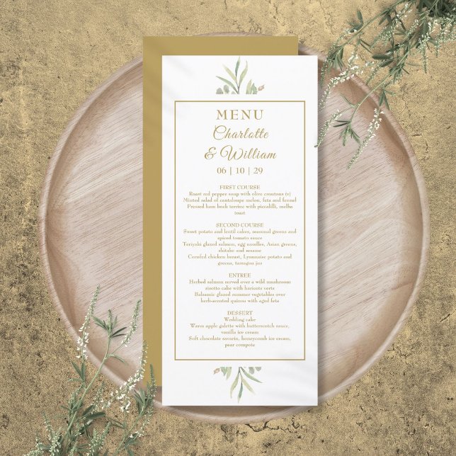 Elegant Watercolor Greenery Gold Dinner Menu (Elegant Watercolor Greenery Gold Dinner Menu)
