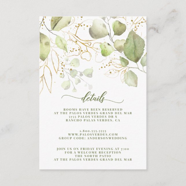 Elegant Watercolor Greenery Gold Floral Details Enclosure Card (Front)