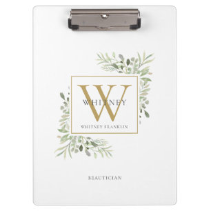 Elegant Watercolor Greenery Gold White Monogram  Clipboard