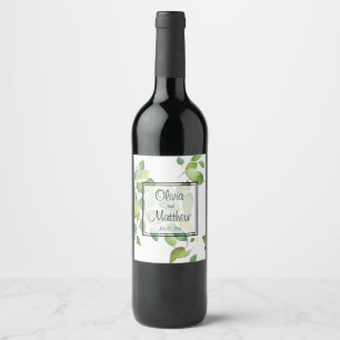 Elegant watercolor greenery green botanical wine label