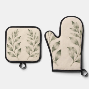 Elegant Watercolor Greenery Laurel Branches Oven Mitt & Pot Holder Set