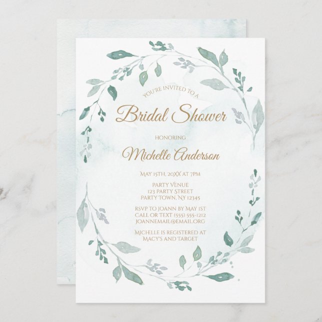 Elegant Watercolor Greenery Leaf Bridal Shower Invitation (Front/Back)