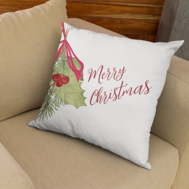 Elegant Watercolor Greenery Merry Christmas  Cushion (Merry Christmas Red and Green Greenery. With Stylish Calligraphy Script.)