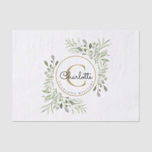 Elegant Watercolor Greenery Monogram Name Tissue Paper