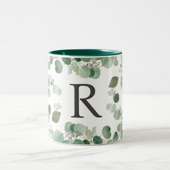 Elegant Watercolor Greenery Monogram Two-Tone Coffee Mug (Center)