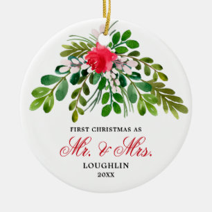 Elegant Watercolor Greenery Newlyweds Mr & Mrs Ceramic Tree Decoration