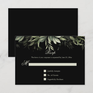 Elegant Watercolor Greenery on Black Background RSVP Card