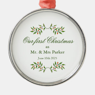 Elegant Watercolor Greenery Our First Christmas  Metal Tree Decoration