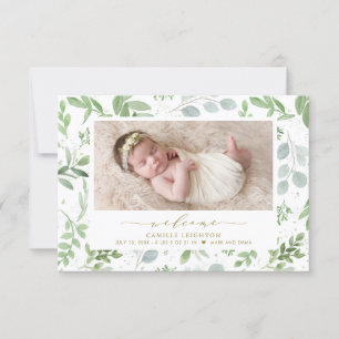 Elegant Watercolor Greenery Pattern Birth Announcement