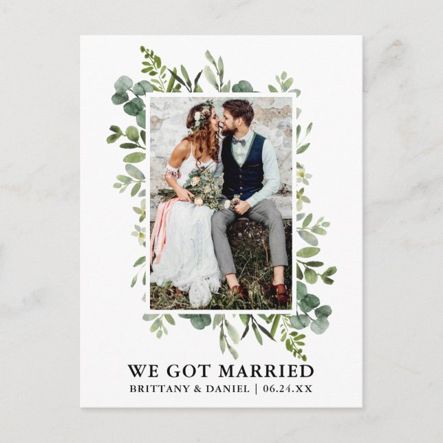 Elegant Watercolor Greenery Photo We Got Married Postcard (Front)
