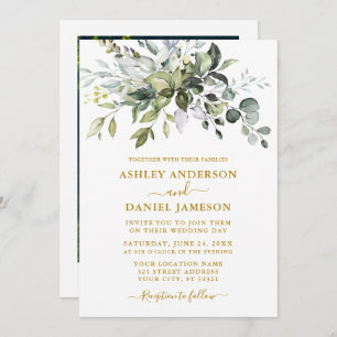 Elegant Watercolor Greenery Photo Wedding Gold Invitation