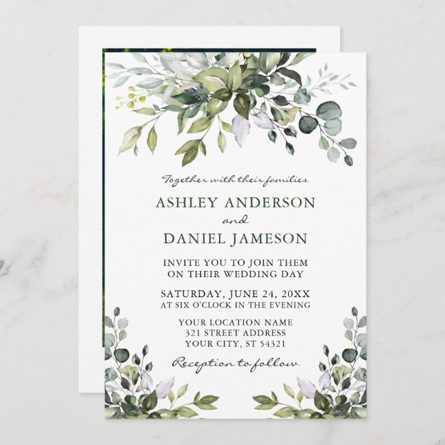 Elegant Watercolor Greenery Photo Wedding Invitation (Front/Back)