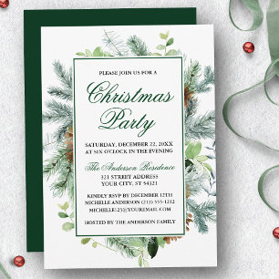Elegant Watercolor Greenery Pine Christmas Party Invitation