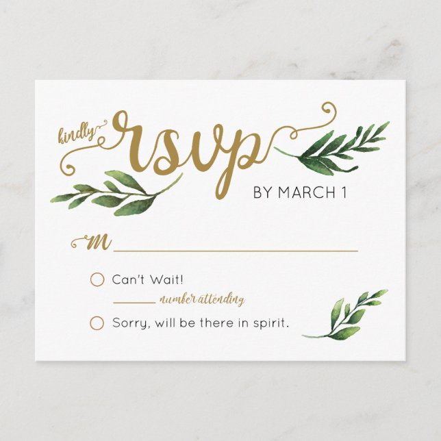 Elegant Watercolor Greenery Postcard RSVP (Front)