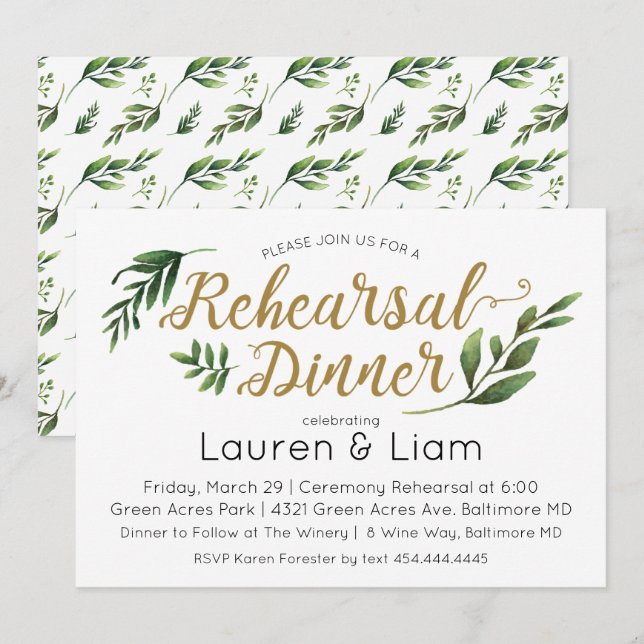 Elegant Watercolor Greenery Rehearsal Invitation (Front/Back)