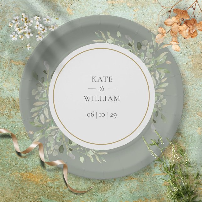 Elegant Watercolor Greenery Sage Green Wedding Paper Plate (Creator Uploaded)