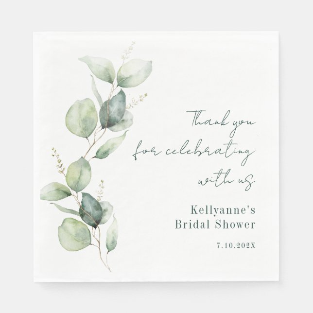 Elegant Watercolor Greenery Script Bridal Shower Napkin (Front)
