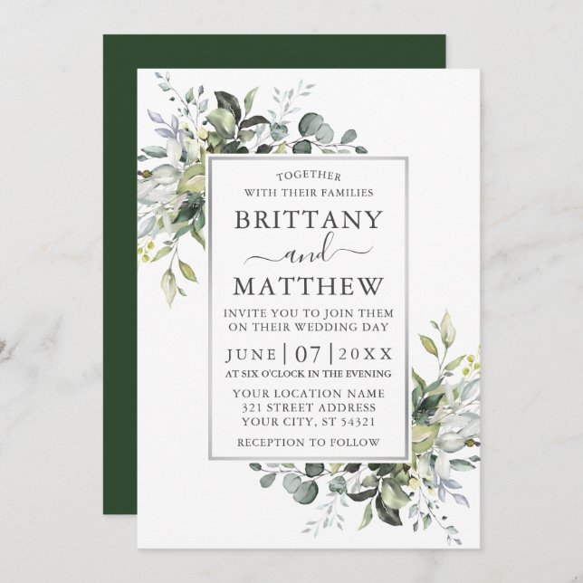 Elegant Watercolor Greenery Silver Frame Wedding Invitation (Front/Back)
