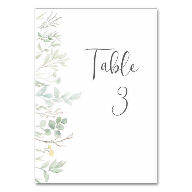 Elegant Watercolor Greenery  Table Number (Front)