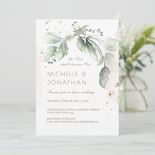 Elegant Watercolor Greenery Wedding Christian Invitation (Standing Front)