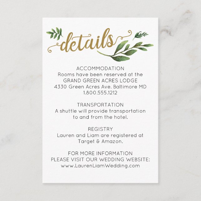 Elegant Watercolor Greenery Wedding Details Enclosure Card (Front)