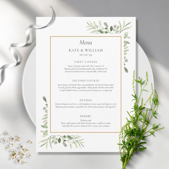 Elegant Watercolor Greenery Wedding Dinner Menu (Creator Uploaded)