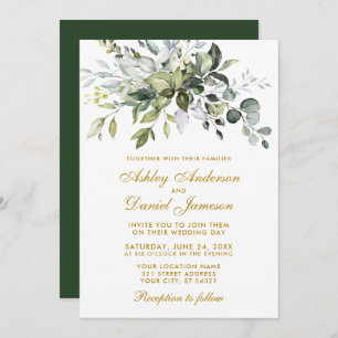 Elegant Watercolor Greenery Wedding Gold Invitation