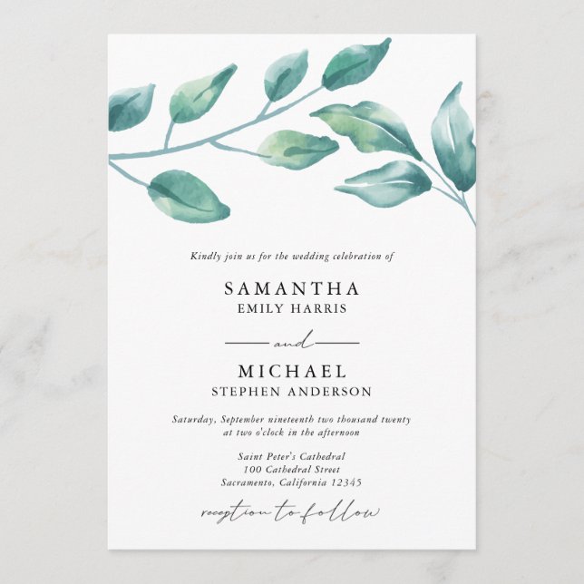 Elegant Watercolor Greenery Wedding Invitation (Front)