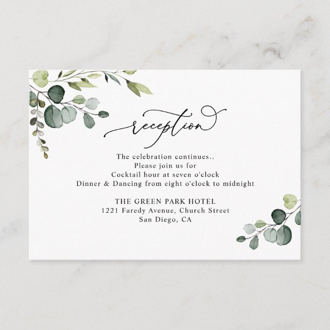 Elegant Watercolor Greenery Wedding Reception Enclosure Card (Front)