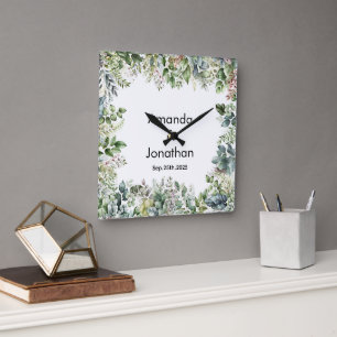 Elegant Watercolor Greenery Wedding Wall Clock