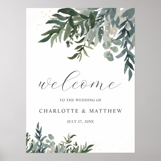 Elegant Watercolor Greenery Welcome Wedding Poster (Front)