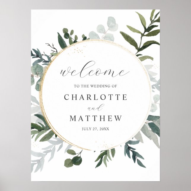Elegant Watercolor Greenery Welcome Wedding Poster (Front)