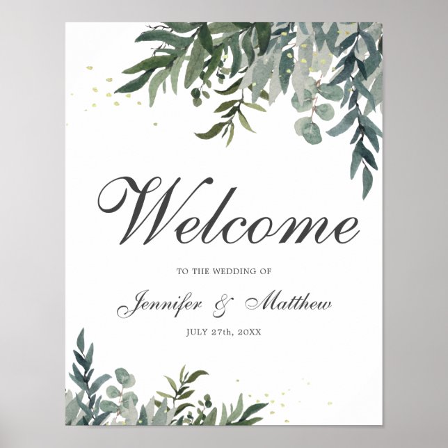 Elegant Watercolor Greenery Welcome Wedding Poster (Front)