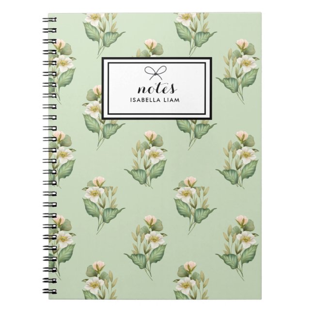 Elegant Watercolor Greenery White Flowers Pattern Notebook (Front)