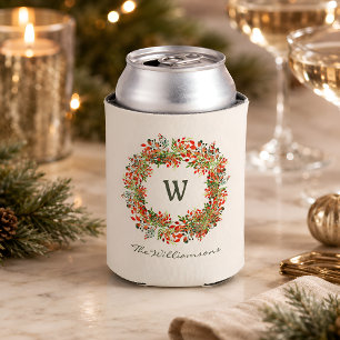 Elegant Watercolor Greenery Wreath Monogram Custom Can Cooler