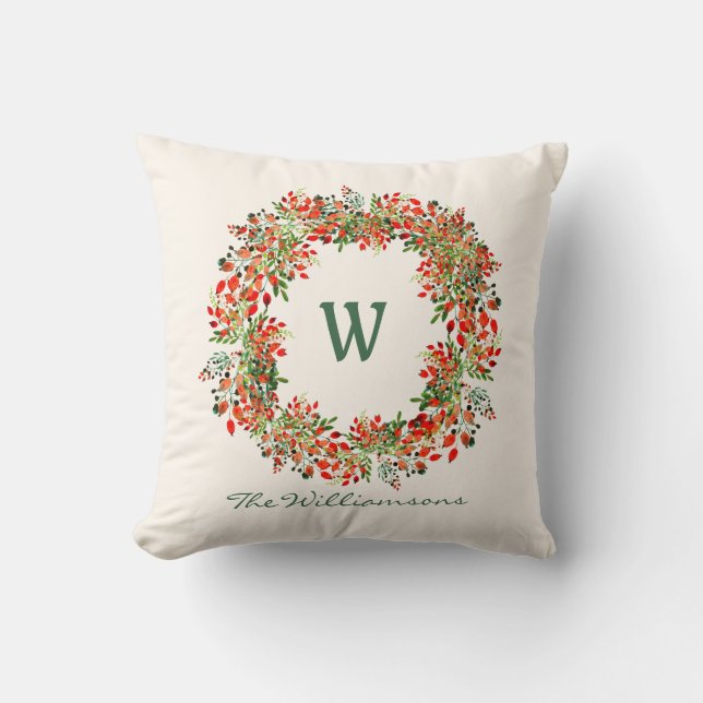 Elegant Watercolor Greenery Wreath Monogram Custom Cushion (Front)