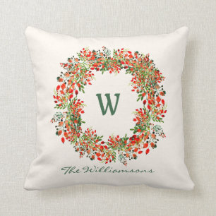 Elegant Watercolor Greenery Wreath Monogram Custom Cushion