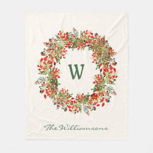 Elegant Watercolor Greenery Wreath Monogram Custom Fleece Blanket