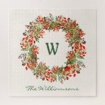 Elegant Watercolor Greenery Wreath Monogram Custom Jigsaw Puzzle<br><div class="desc">This stylish jigsaw puzzle features a beautiful Christmas greenery wreath with berries in red and green. Personalise it with your initial and name in modern script lettering. Great gift idea.</div>