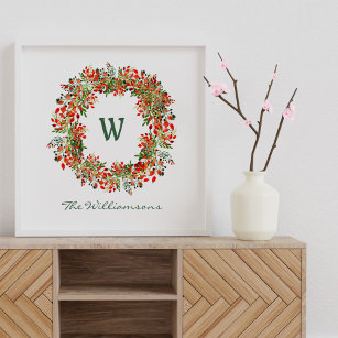 Elegant Watercolor Greenery Wreath Monogram Custom Poster