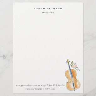 Elegant Watercolor Guitar Musician Music Teacher Custom Letterhead