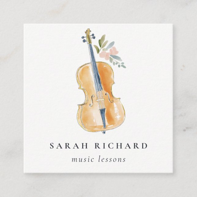 Elegant Watercolor Guitar Musician Music Teacher Square Business Card (Front)