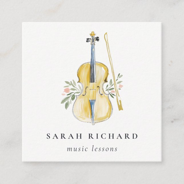 Elegant Watercolor Guitar Musician Music Teacher Square Business Card (Front)