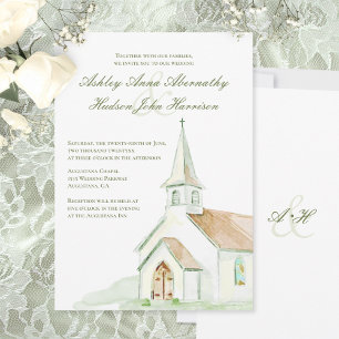 Elegant Watercolor Hand-painted Chapel Wedding Invitation